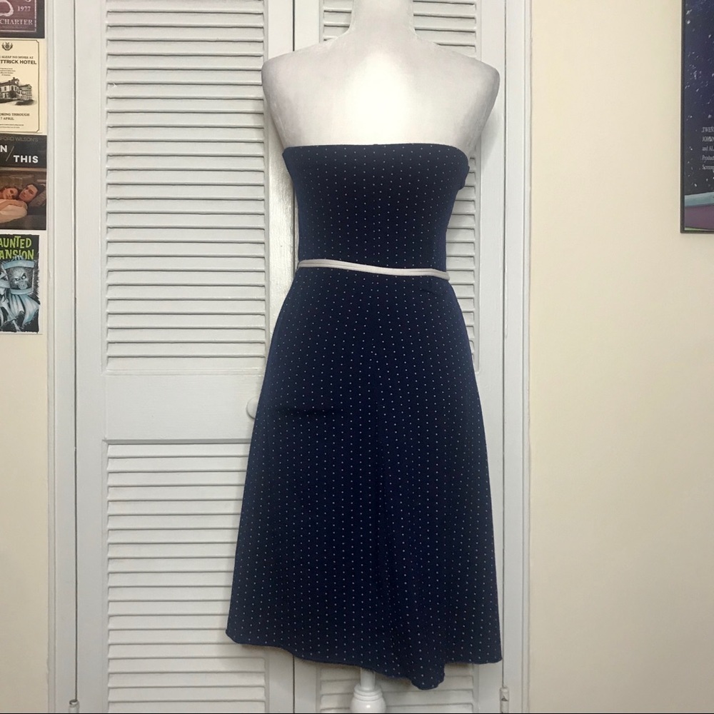 Vintage Strapless Navy Dress w/ White Polka Dots - Picture 4 of 4